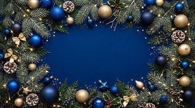 Christmas background with blue and gold ornaments, pine branches, pinecones and festive lights on a dark blue surface, top view with copy space