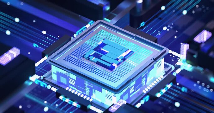 Animated blue microchip processor mounted on a glowing circuit board with flowing data streams.