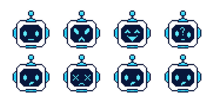 Pixel Art AI Robot Face Emoji Set with Cute Retro 8 Bit Expressions