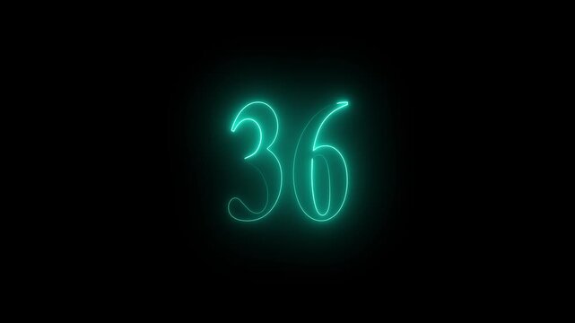Glowing cyan neon number 36 on black background thirty six numeral