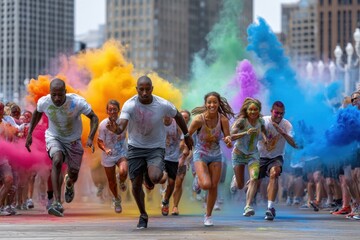 Obraz premium Vibrant color run event in urban setting brings community together for fun and health