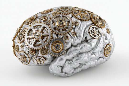 Intricate mechanical brain with metallic gears and cogs representing artificial intelligence and complex thought processes.