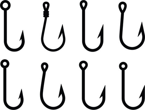 Fishing Hook Icons Collection, Angling Tackle Vector Set for Sport Fishing Equipment Design Elements Editable Graphics Illustration