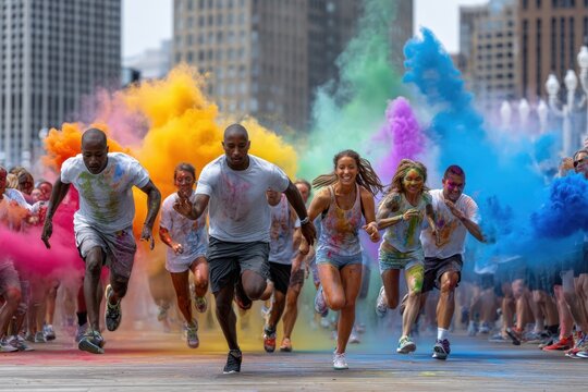 Vibrant color run event in urban setting brings community together for fun and health