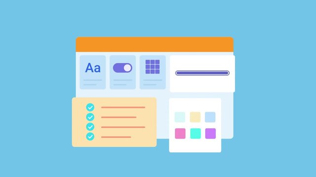 Minimal animated design dashboard interface featuring typography, color palette, layout tools, workflow panels, and creative assets. Modern motion graphic for graphic design, branding, and technology 