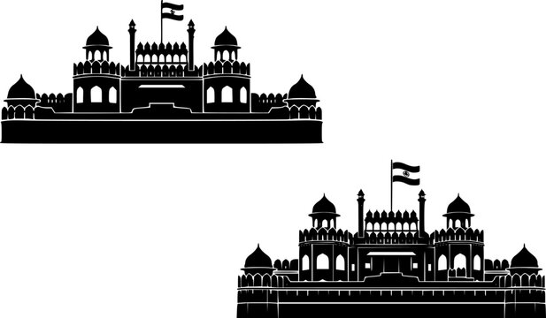 Black silhouette of iconic Red Fort Lal Qila New Delhi with Indian flag in solid and outline style, flat vector illustration perfect for Indian Independence Day, Republic Day, patriotic poster, greeti