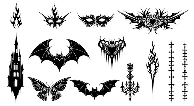 Gothic tattoo flash set, black tribal silhouettes of bats and hearts, dark aesthetic vector elements for y2k streetwear and occult designs