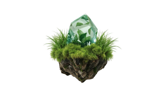 Crystal earth with green moss. Floating island concept for sustainable environment design.