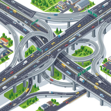 Complex highway interchange with multiple levels and traffic flow.