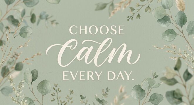 Choose Calm Every Day Typography with Sage Green Botanical Background