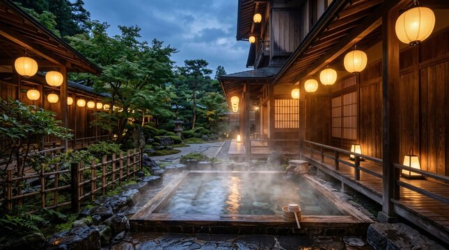 Tranquil traditional Japanese outdoor onsen hot spring bath emits thick white steam, surrounded by dark cedar wood and glowing lanterns.