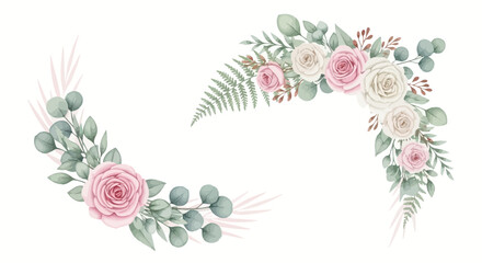 Watercolor floral border with pink roses and eucalyptus leaves, elegant flower bouquet vector for wedding invitations, soft pastel botanical frame © imran