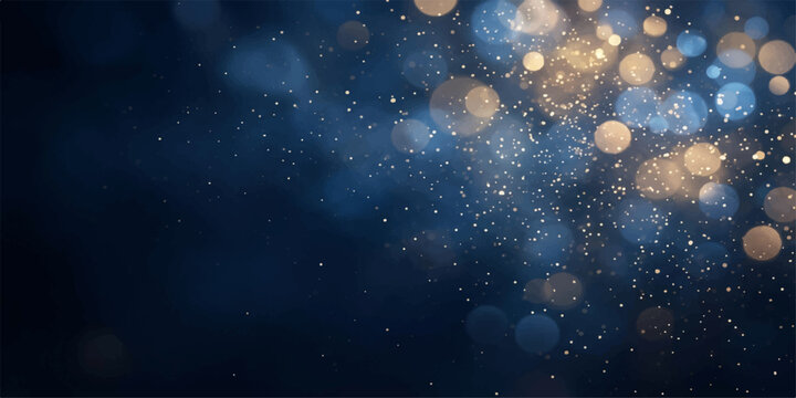 Glimmering Night Sky: A dark blue background illuminated by a scattering of golden and blue bokeh lights, creating a magical and festive atmosphere, perfect for celebrations or special occasions.