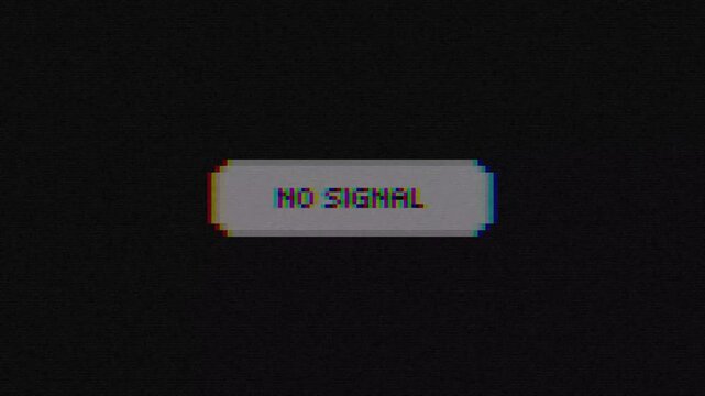 Evocative 'No Signal' graphic digital static, glitch effects on a dark screen, symbolizing broadcast interruption, connection loss, and retro tech aesthetics