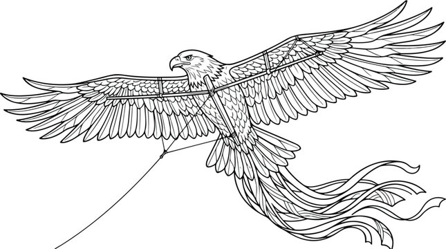Vintage eagle kite line art illustration, mechanical bird glider with ribbons, flying predator bird coloring page vector, majestic eagle outline