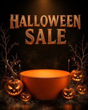 Orange cylindrical podium with carved pumpkins and halloween sale lettering 3d rendering stand display product