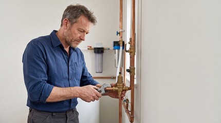 Fototapeta premium Professional plumber installing copper water pipes and valve in residential plumbing system