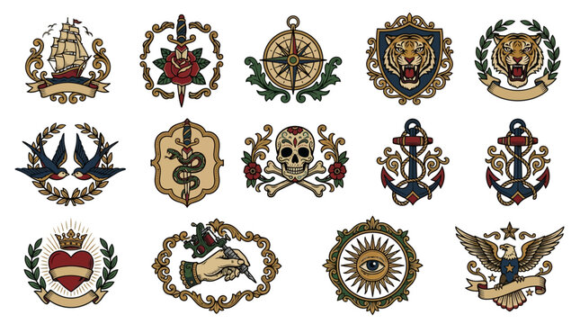 Royal heraldic shields with crowns and emblems collection.