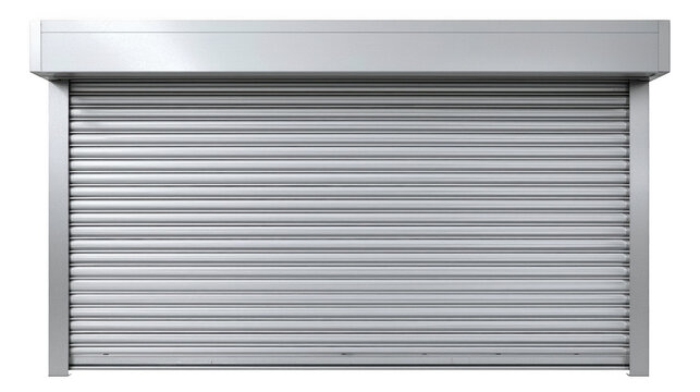 Modern metallic roller shutter door with horizontal slats. Industrial security gate for commercial or residential use.