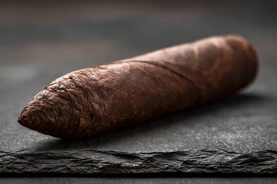 Close-up of a premium dark brown cigar resting on a slate surface