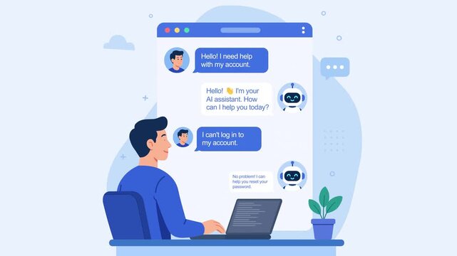 Video animation flat illustration of a man using a laptop to chat with an AI assistant about account access and password resets.