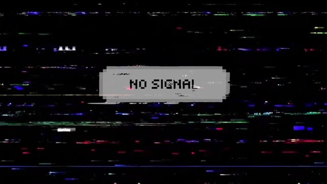 Abstract digital static with 'no signal' message, vibrant pixel distortion and broken broadcast noise, a retro television data stream interference background