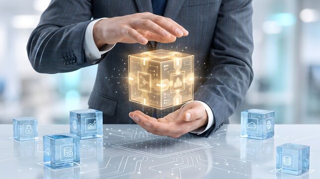 Enterprise Data Management and Cloud Integration Concept with Businessman Holding Glowing Digital Tech Cube
