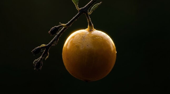 Duranta berry backlit glow, golden translucent fruit dark branch silhouette, dewdrops dark moody background. Botanical macro fruit theme