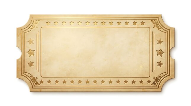 Blank vintage golden ticket. Old paper raffle stub with ornate star border design.