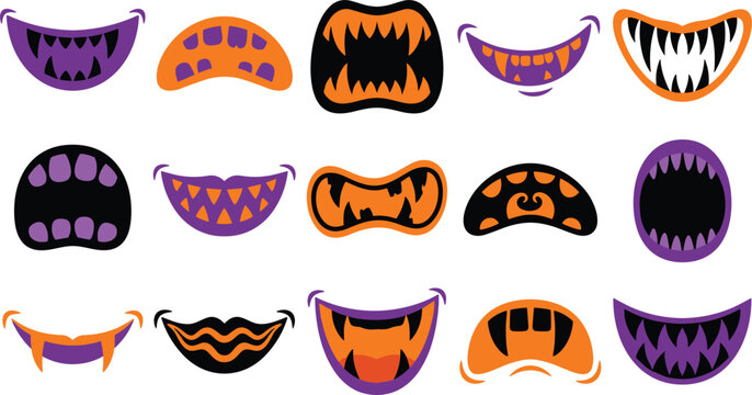 Set of cartoon monster mouths with sharp teeth, spooky halloween creature expressions, vector illustration