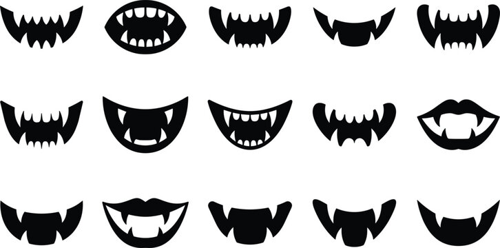 Set of vector vampire mouths, monster teeth, fangs, spooky halloween icons, cartoon beast jaws, scary creature smiles, collection of silhouettes