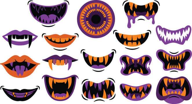 Set of cartoon monster mouths with sharp teeth, fangs and tongues for halloween design