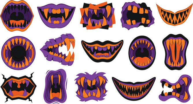 Set of cartoon monster mouths with sharp teeth, scary vampire or beast jaws, vector illustration of halloween creature expressions