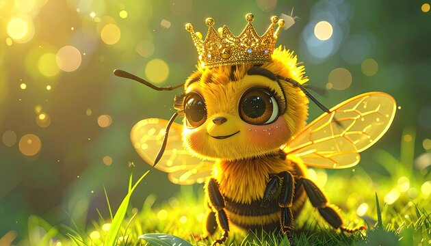 Cute cartoon bee wearing gold crown in green meadow.