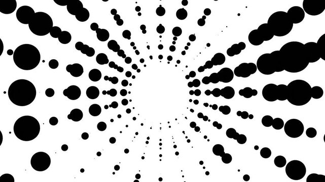 Minimalist black and white dotted pattern background, concentric monochrome halftone circles motion graphic looped 4k animation.