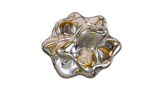 Morphing chrome liquid blob isolated on white, shape-shifting chrome metal object with high gloss reflection, 4k computer graphic seamless animation.
