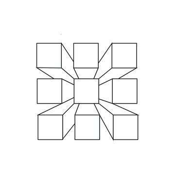 Isometric perspective grid drawing showing nine square blocks arranged in symmetric three by three pattern.