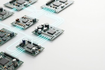 Fototapeta premium Electronic circuit boards interconnected on white tabletop