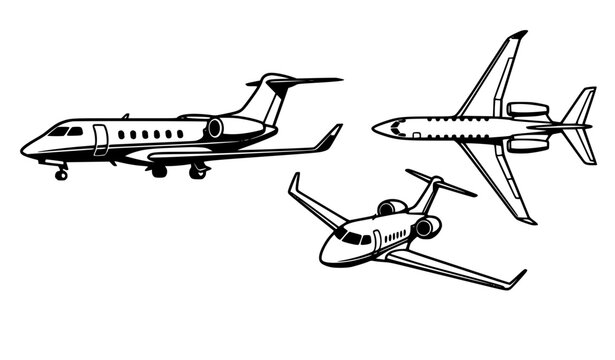 Private Jet Airplane Vector Illustration Set