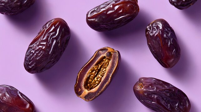 Photorealistic ajwa dates collection with one date cracked open revealing detailed inner texture on solid lavender studio background, rich dark brown glossy surfaces with natural wrinkles, 