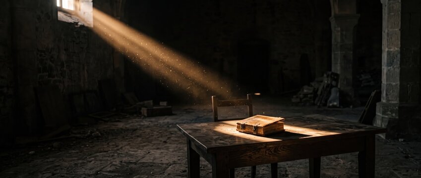 A single beam of light cuts through dust, illuminating one object while everything else fades &mdash; pure focus made visible.