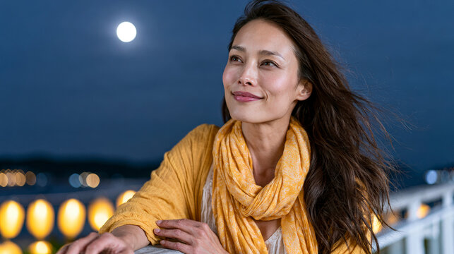 Elegant woman celebrating Diwali beneath full moon and glowing festival lanterns outdoors