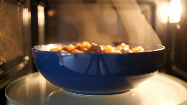 Cooking food in microwave with steam rising from bowl full of mixed ingredients