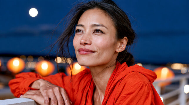 Smiling woman enjoying Diwali Festival of Lights celebration with glowing lanterns outdoors