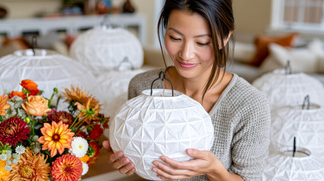 Woman preparing white paper lanterns for traditional Mid Autumn Festival home celebration