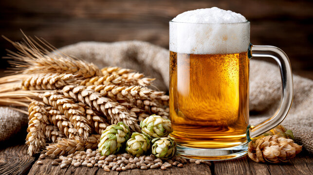 Oktoberfest beer mug with wheat hops and barley on rustic wooden table