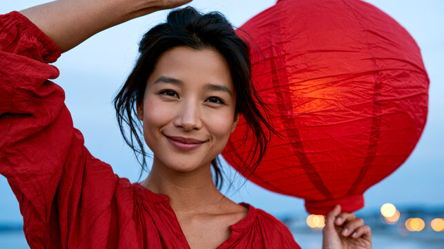 Smiling woman holding red paper lantern during traditional Chinese Lantern Festival celebration