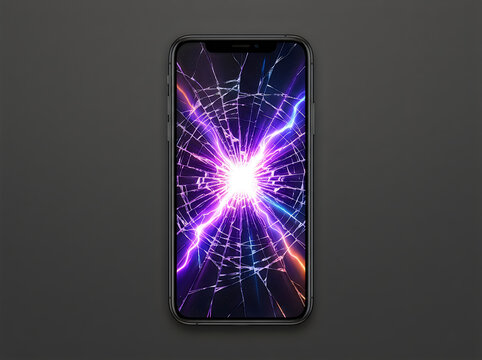 Smartphone screen with purple energy explosion and crack effect
