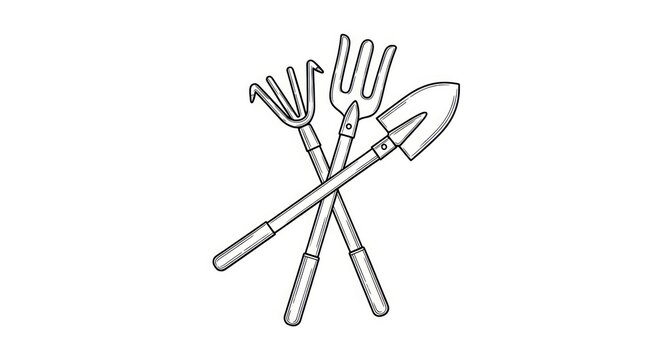 Gardening tools crossed on white background.