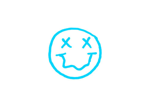 Neon blue doodles smiley face with x eyes hand drawn sketch expression creative whimsical abstract character positive negative contrast background isolated